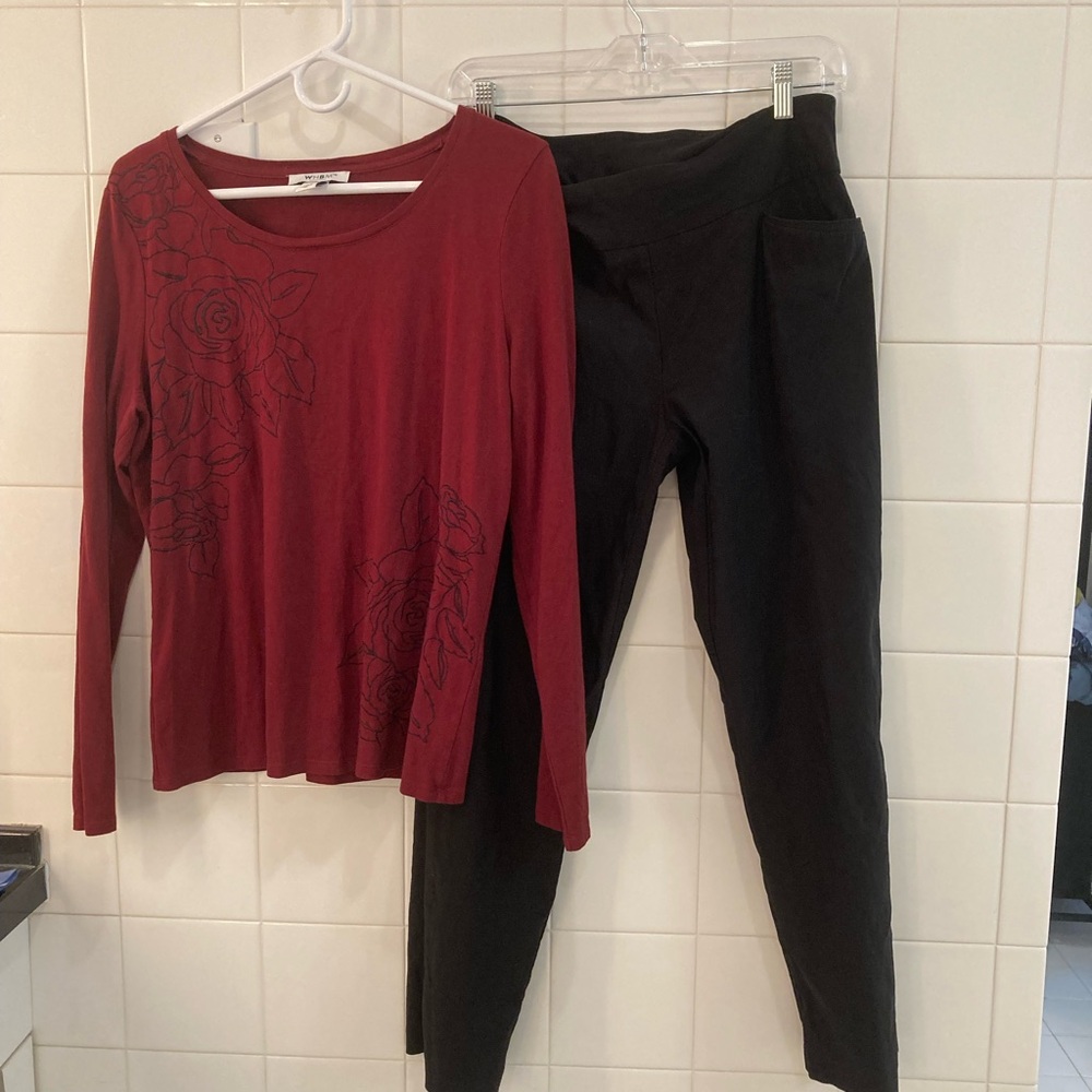 WHBM Red Floral Embroidery Long Sleeve Top and Black Pants Set